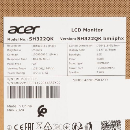 31.5" Монитор Acer SH322QKbmiiphx черный